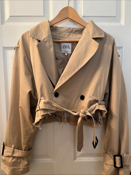 Zara Jackets & Blazers - ZARA Cropped Tan Trench Coat with Frayed Hem Size L
